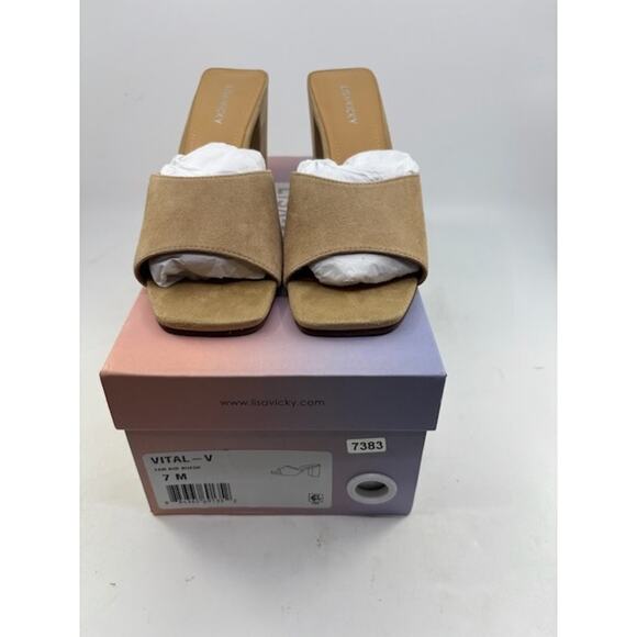 NEW Lisa Vicky Vital V Suede Slide Sandal Block Heels Slip-On Tan Womens Size 7 - Picture 1 of 3